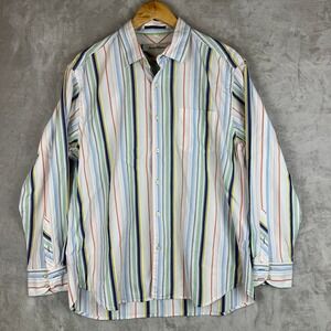Tommy Bahama Mens Large Cotton Silk Striped Long Sleeve Button Down Shirt White